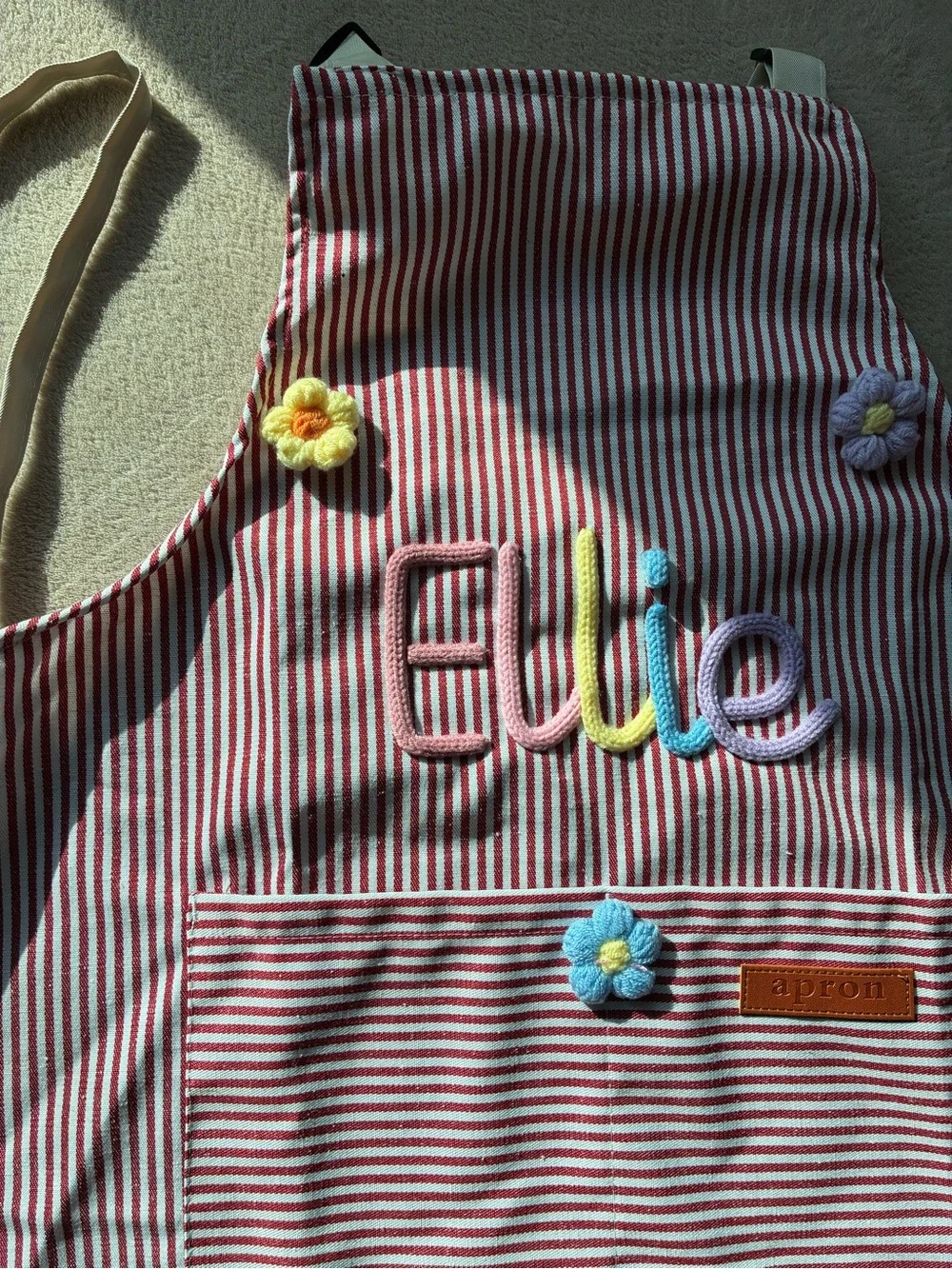 Striped Red Adult Apron with Floral Accents - Personalized Ellie